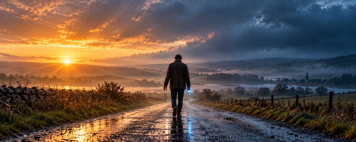 A man walks a wet country road at dawn, a rosary in one hand and a glowing phone in the other, sunrise on one side and a storm on the other.