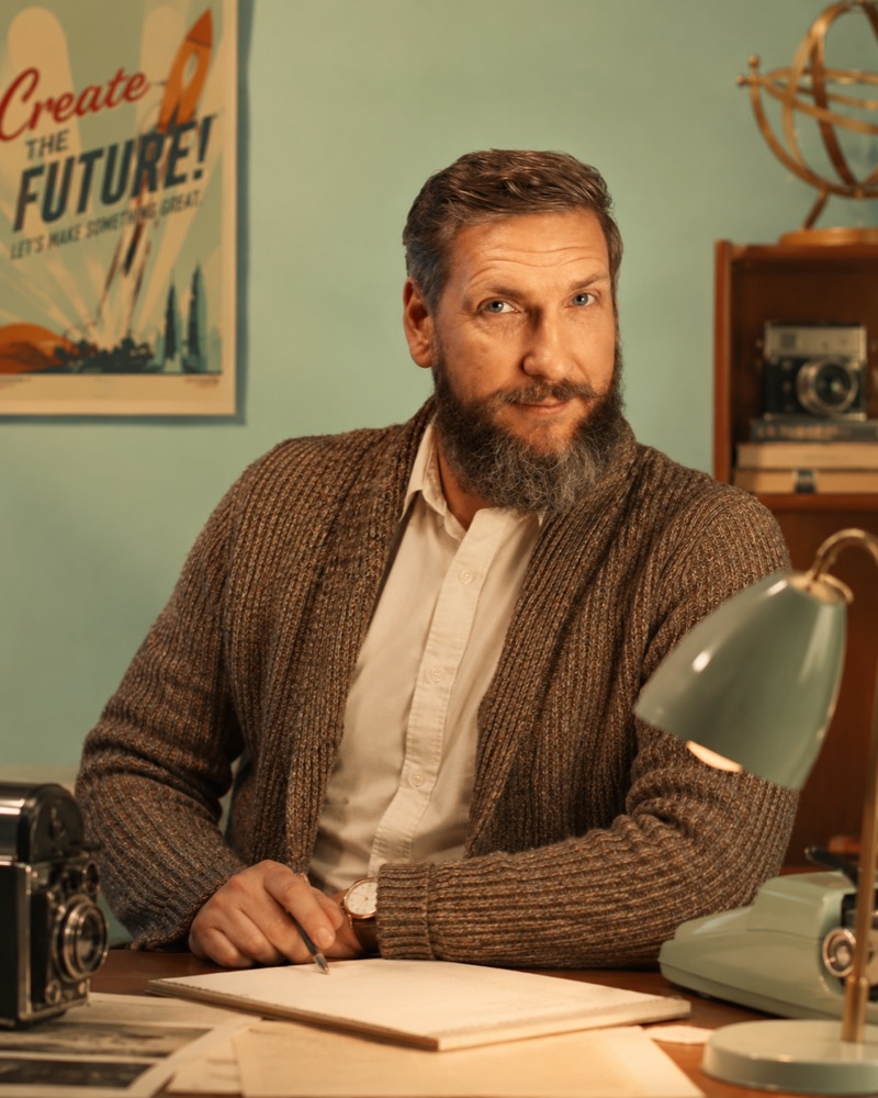 Jason Calhoun at a desk with a vintage camera