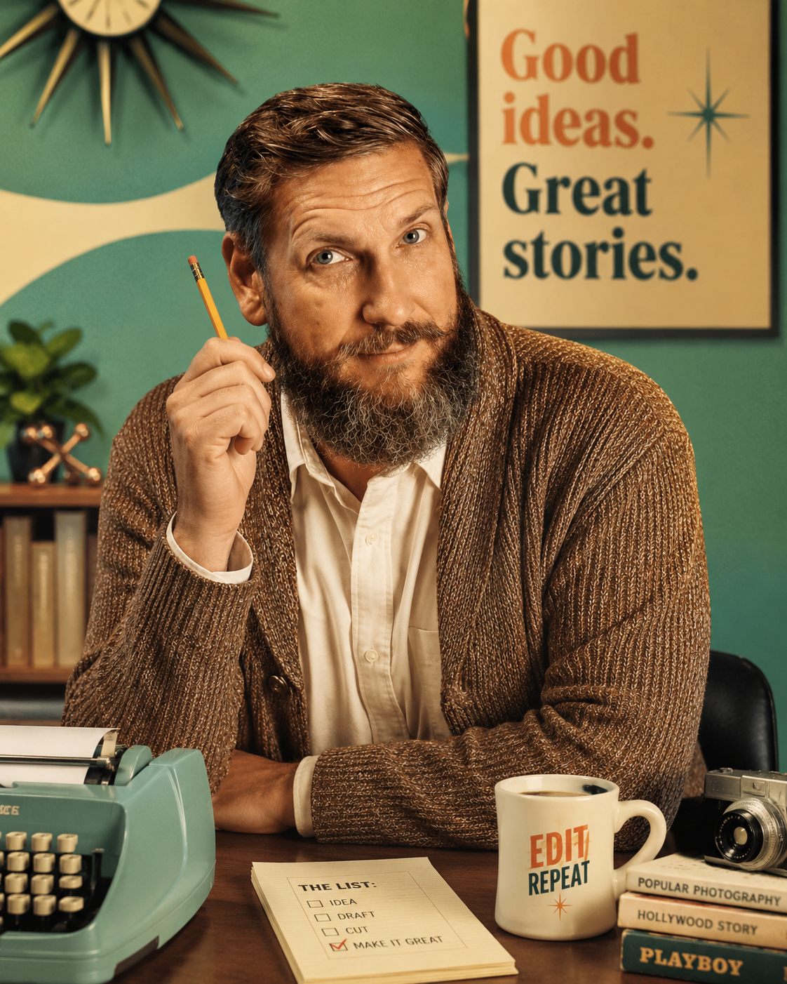 Jason Calhoun at his typewriter beneath a 'Good ideas. Great stories.' poster