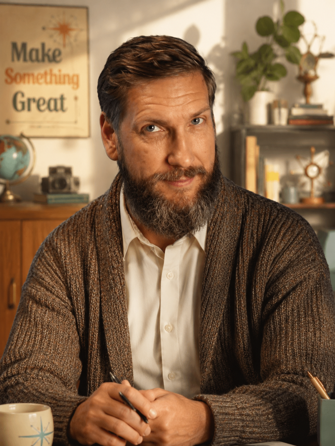 Jason Calhoun in warm lamplight beneath a 'Make Something Great' poster