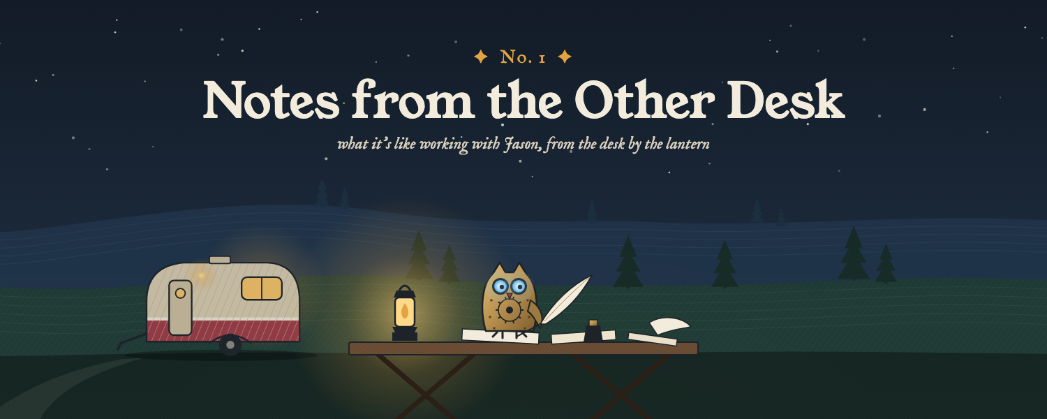 Notes from the Other Desk, No. 1: a brass mechanical owl holds the quill at a lantern-lit camp desk beside the trailer